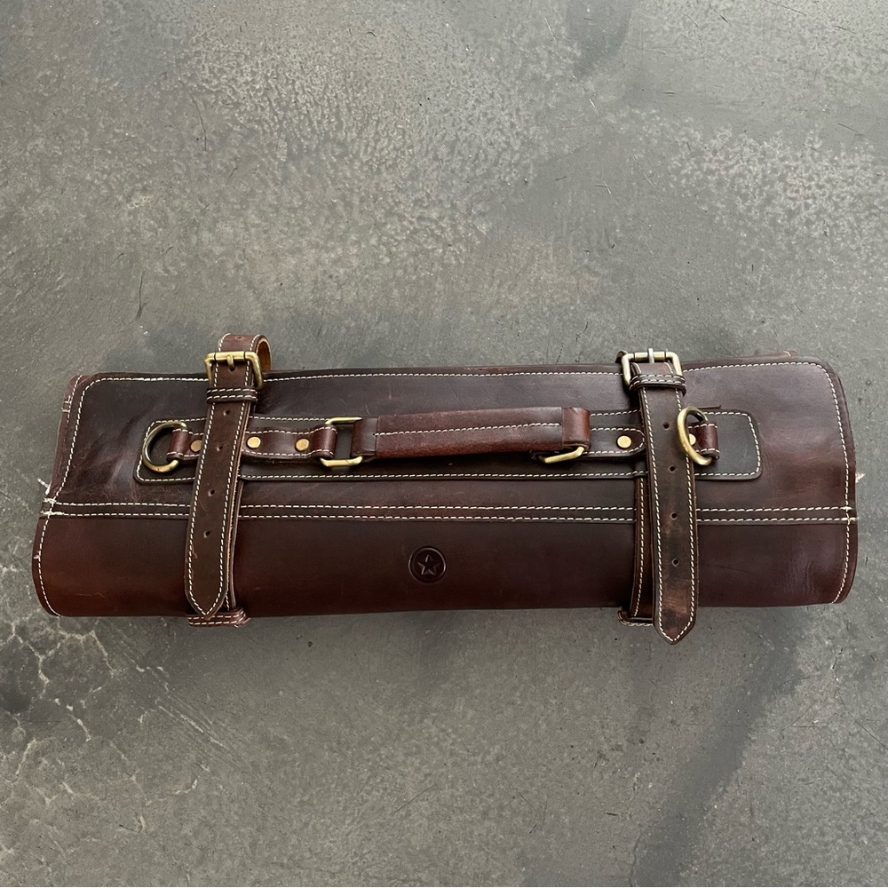 Aaron Leather Goods Brown Leather Knife Roll, 10 Slots, Zippered Pocket - Picture 2 of 7